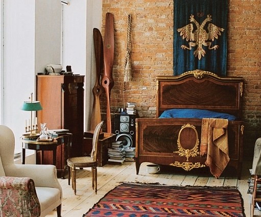 The 19th-century bed was used in the 1996 film version of Anna Karenina. Next to it are two 1916 airplane propellers.